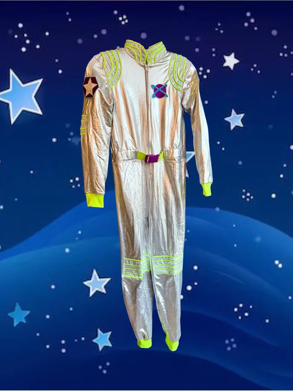 Retired Spirit Silver and Neon Green Kids Galaxy Jumpsuit Costume Child Size Lg